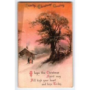 Vintage 1922 Hearty Christmas Greeting Scenic Postcard Snowy Cabin